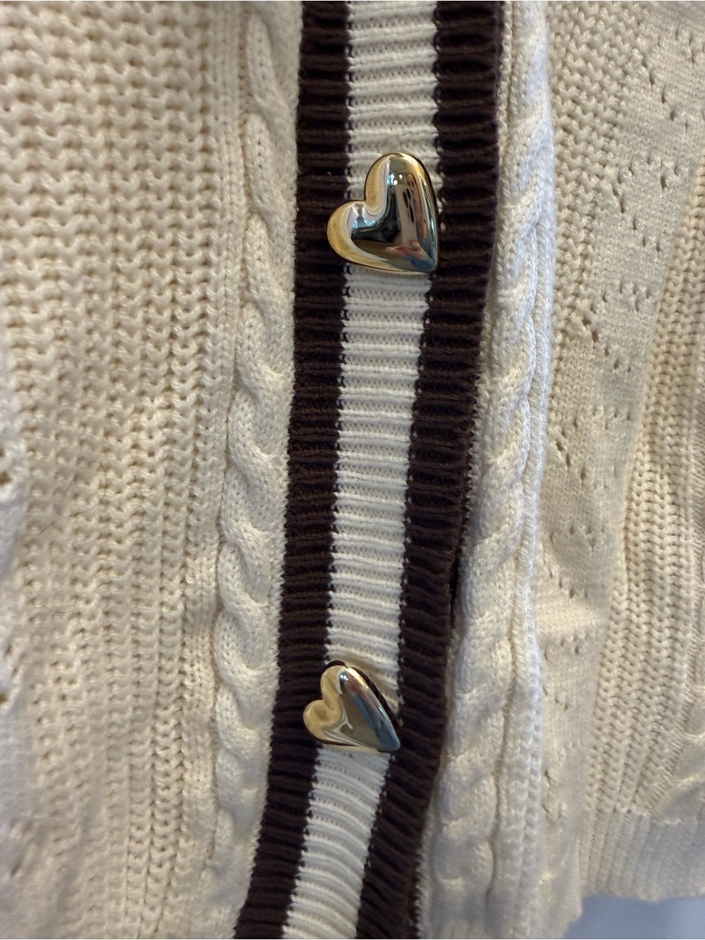 NWT Size S Academia Cable Knit Cardigan Built-In White Blouse Gold Heart Buttons - Picture 4 of 9